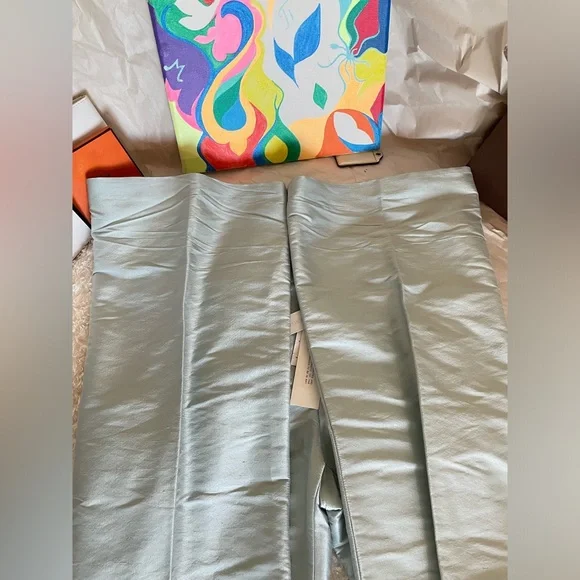 NWT Magaschoni 100% Dupioni Silk straight w little Flare Pants Light Blue Size 2 - Picture 10 of 14